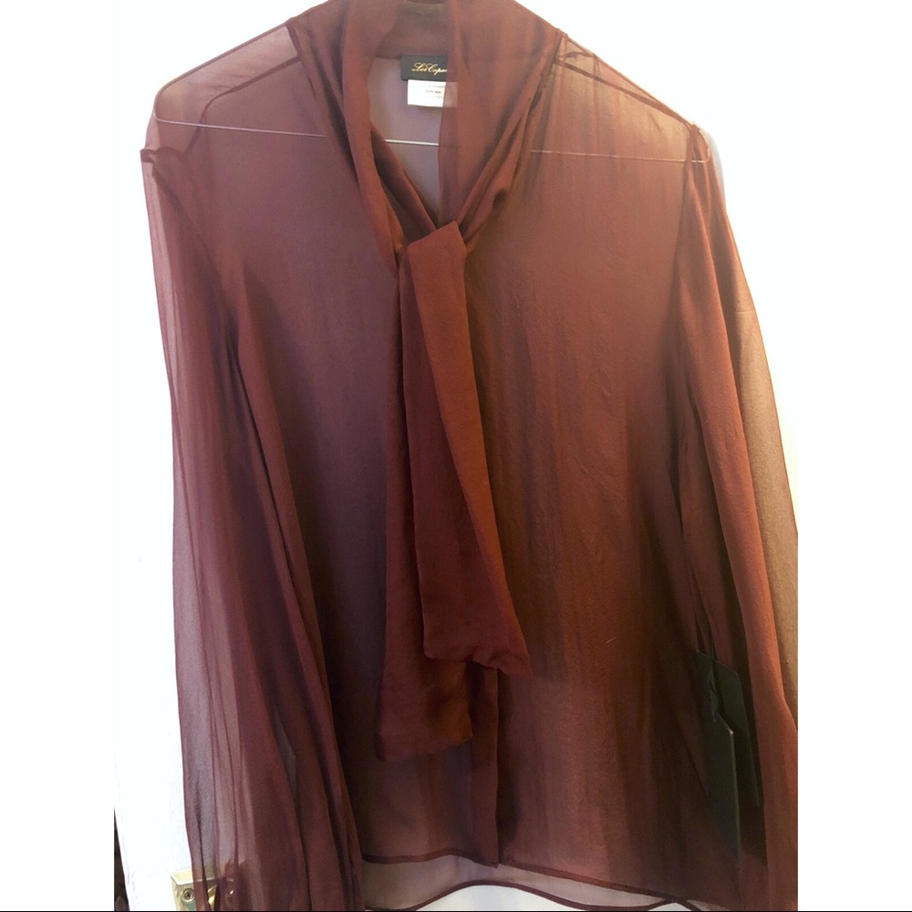 Les Copains Sheer Burgundy Tie Neck Blouse NWT